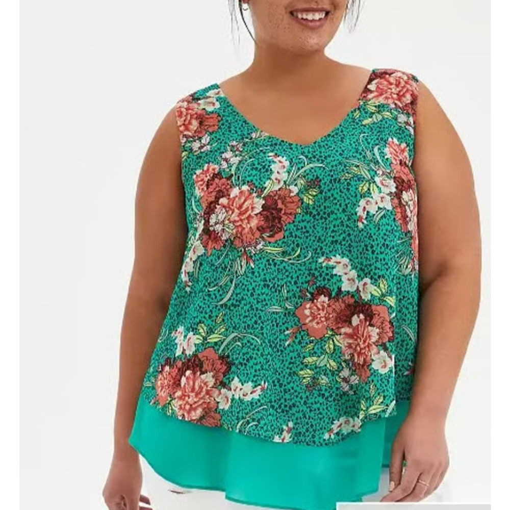 torrid Green Teal Floral Tiered Sleeveless Blouse